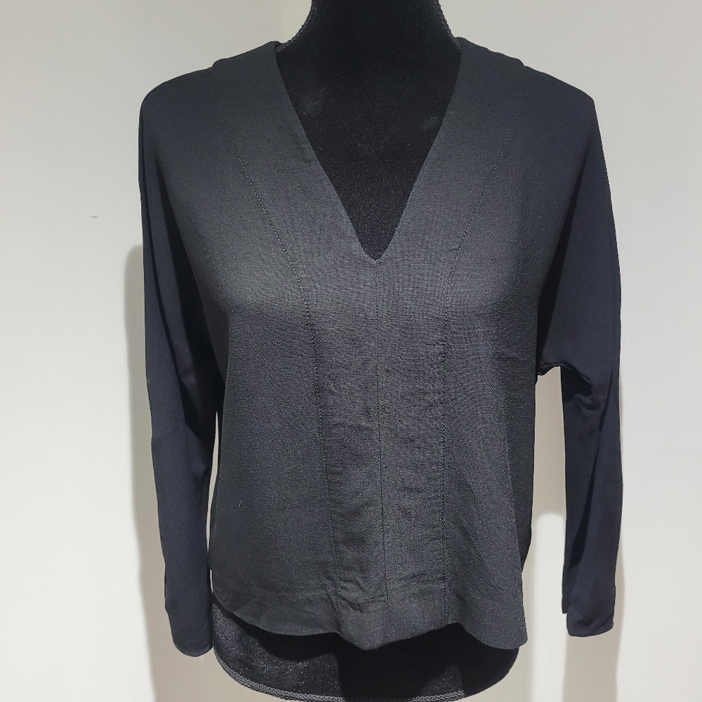 Wilfred Aritzia Le Fou Women's Monde V-Neck Silk-Trim Blouse Small Black